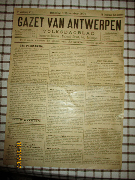 Stuk Van Gazet Van Antwerpen Van 03-11-1891